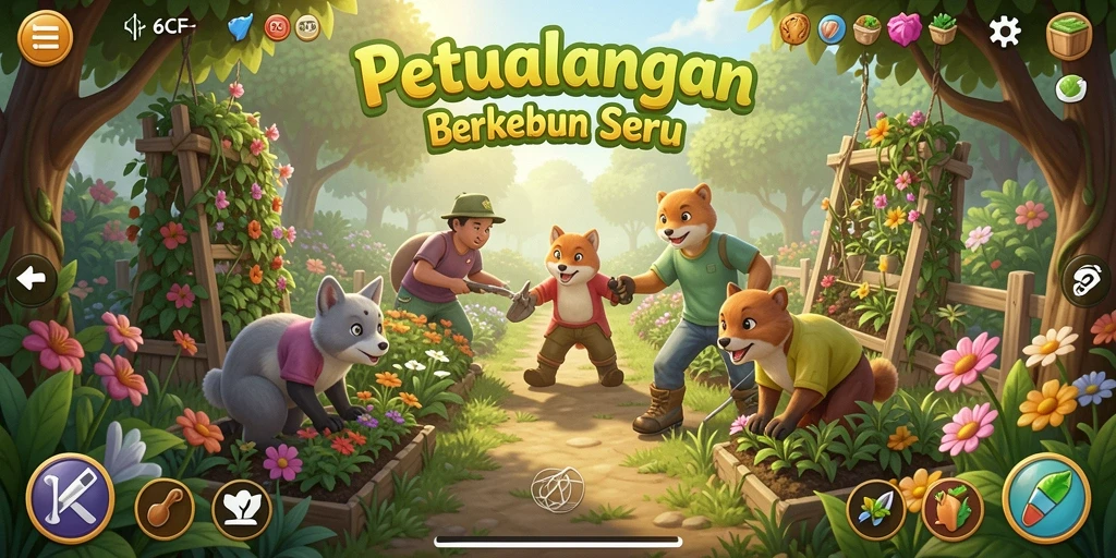 Tangkapan layar gameplay 6CF dengan pemandangan ladang yang subur.
