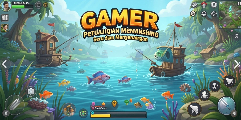 Tampilan gameplay GAMERP dengan aksi memancing yang seru dan mendebarkan.