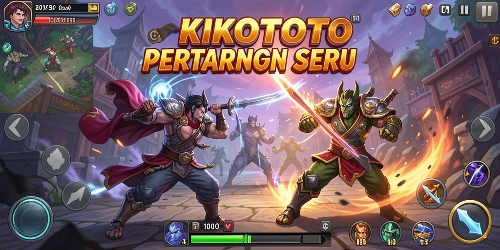 Tangkapan layar utama KIKOTOTO menampilkan pertarungan mendebarkan antara karakter dengan efek visual yang megah.